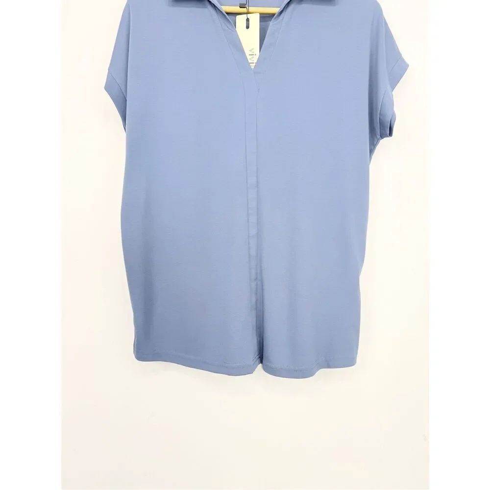 Vivilli Slate Blue Collared V Neck Short Sleeve Pullover Casual Top NEW - Picture 3 of 9